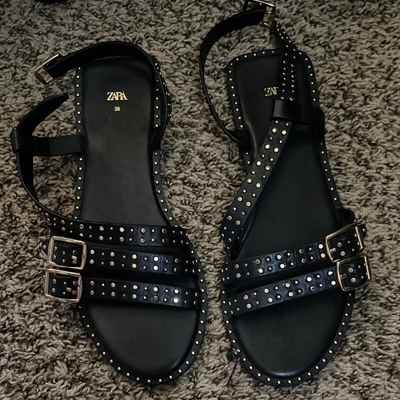 Zara Black Studded Leather Sandals - Picture 1 of 2